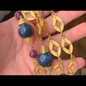 Long Gold Tone Necklace w/ Purple & Blue Beads